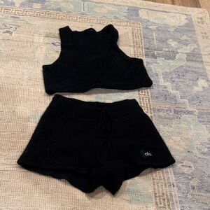 Alo Yoga Black Waffle Cashmere Short and Tank Set